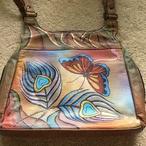 ANNA by Anuschka Butterfly w/peacock Feathers painted Leather Tote Shoulder Bag